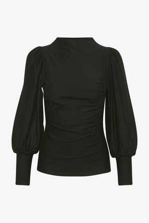 Zwarte top met opgeblazen mouwen, slank ontwerp, zachte stof, met ruching aan de zijkant en aansluitende manchetten. Minimalistische stijl, geen zichtbare logo's.