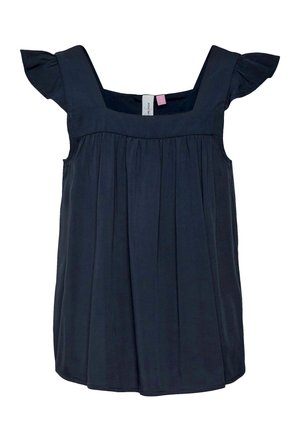 Dark navy blue short-sleeved blouse with a square neckline and ruffled sleeves, featuring a loose fit and pleated front design.