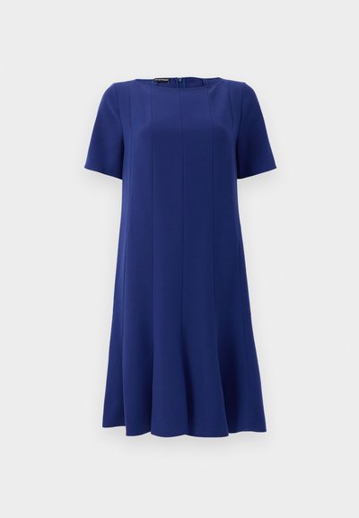 Kratka sleevno A-linijska obleka iz temno modrega blaga, ki ima okroglo izrez in subtilne šive za strogo silhueto.