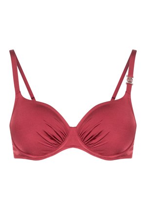 Red padded underwire bra with adjustable straps and slight ruching detail on the cups, shown flat on a white background.