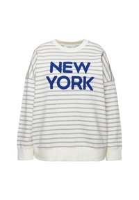 Sweat-shirt blanc et gris rayé avec texte bleu texturé « NEW YORK » sur la poitrine, avec col rond et manches longues.
