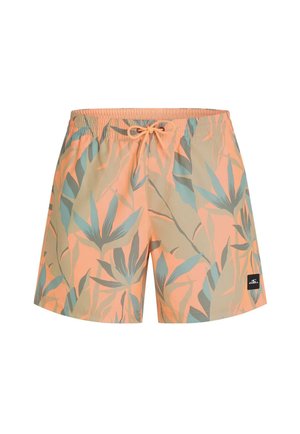 Men's swim shorts with elastic waistband and drawstring, featuring a peach base color with green tropical leaf print and a small black brand logo.