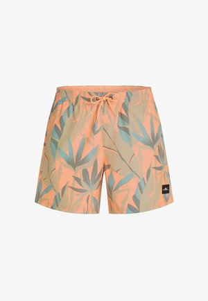 Men's swim shorts with elastic waistband and drawstring, featuring a peach base color with green tropical leaf print and a small black brand logo.