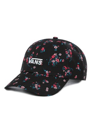 Sort baseballkasket med lille lyserødt og blåt blomsterprint og hvid Vans-logo broderet på frontpanelet.
