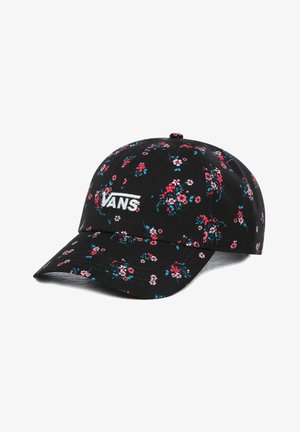 Casquette de baseball noire avec un petit motif floral rose et bleu, et logo Vans blanc brodé sur le panneau avant.