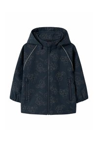 Veste de pluie navy avec capuche, présentant un motif de tracteur clair et deux poches zippées. Fabriquée en matériau imperméable.