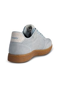 Light blue suede sneaker with a textured white heel tab, rubber outsole, and light blue laces. Features perforations for breathability.