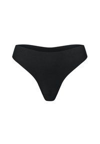Schwarze String-Unterwäsche aus weichem, elastischem Stoff. Mit niedrigem Bund und minimalem Schnitt, ausgestattet mit einer glatten Textur.