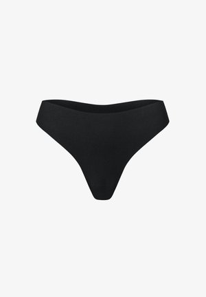 Schwarze String-Unterwäsche aus weichem, elastischem Stoff. Mit niedrigem Bund und minimalem Schnitt, ausgestattet mit einer glatten Textur.