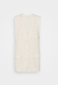 Ärmlös cardigan, krämfärgad, ribbtextur, V-hals, fem knäppningar, två framfickor, inga utsmyckningar.
