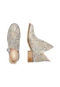 Botine cu model de piele de șarpe, în nuanțe de crem și bej, având vârf ascuțit, părți laterale deschise și un toc scurt, din lemn stratificat.