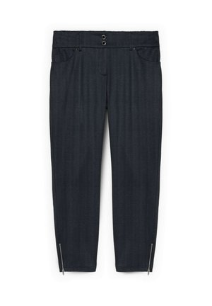 Pantalones grises a rayas con cintura plana, dos bolsillos frontales y puños con cremallera. Confeccionados en una tela lisa con un corte ajustado.