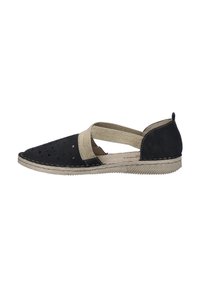 Schwarzer Slipper mit ausgeschnittenem Design, elastischem Riemen und beigen Akzenten. Verfügt über eine strukturierte Sohle und gestickte Details.