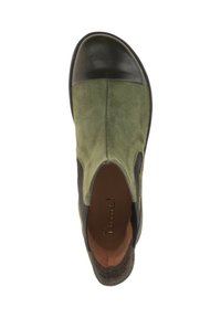 Green suede ankle boot with a black toe cap. Features elastic side panels and a smooth inner lining. Simple, rounded design.