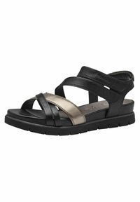 Schwarze und metallisch bronzefarbene Leder-Sandale mit überkreuzten Riemen, offener Zehenpartie und einer gepolsterten schwarzen Sohle mit strukturiertem Profilmuster.