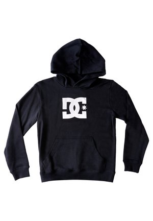 Sort hættetrøje med stort hvidt DC-logo og stjerne foran, lange ærmer, forlommer som en kænguru og fastsyet hætte.