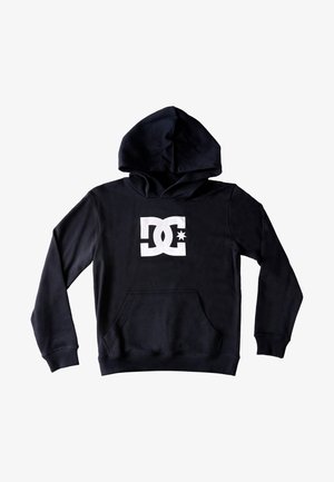 Schwarzer Hoodie mit großem weißem DC-Logo und Stern auf der Vorderseite, langen Ärmeln, Kängurutasche vorne und angebrachtem Kapuzenaufsatz.