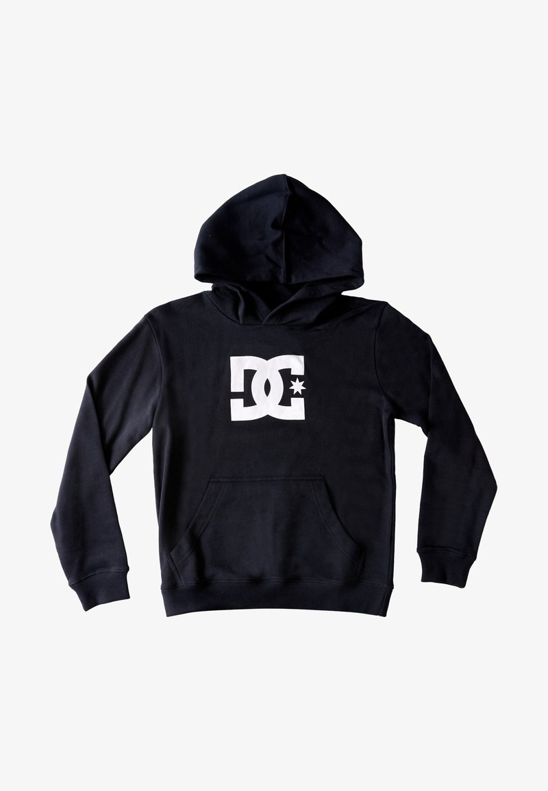 Sweat à capuche noir avec grand logo DC blanc et étoile sur le devant, manches longues, poche kangourou à l’avant et capuche attachée.
