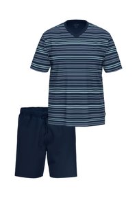 Gestreiftes V-Ausschnitt-T-Shirt in Dunkelblau mit hellblauen Streifen, kombiniert mit dunkelblauen Shorts mit elastischem Bund und verstellbarem Kordelzug.