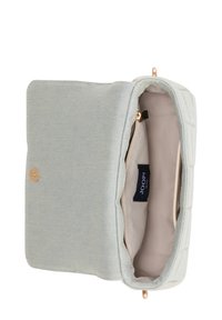 Světlomodrá látková taška s texturovaným povrchem, zipovým uzavřením a béžovou podšívkou. Obsahuje zlatý knoflíkový akcent.