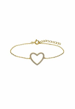 Delicate gold chain bracelet with an open heart-shaped charm outlined in small sparkling stones and an adjustable clasp.