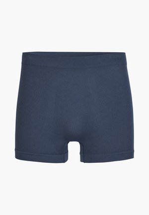 Boxer briefs homme bleu marine sans couture avec une large ceinture et une longueur de jambe courte, présentés sur un fond blanc.