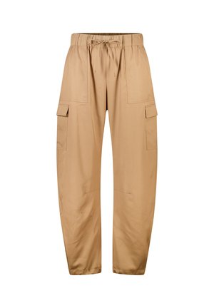 Pantalon cargo beige avec taille élastique et cordon, avec grandes poches à rabat sur les cuisses et jambes droites.