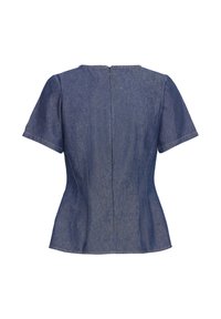 Haut en denim à manches courtes de couleur bleu foncé, doté d'une silhouette ajustée, d'une fermeture éclair au dos et de coutures verticales subtiles pour une meilleure structure.