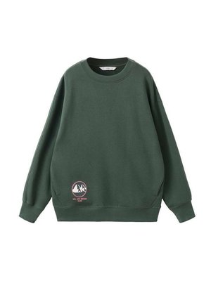 Sweatshirt vert en tissu doux, avec un encolure ronde et des manches longues. Comprend un logo de montagne circulaire à l'avant.
