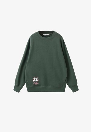 Grüner Pullover aus weichem Material, mit Rundhalsausschnitt und langen Ärmeln. Enthält ein kreisförmiges Berglogo auf der Vorderseite.