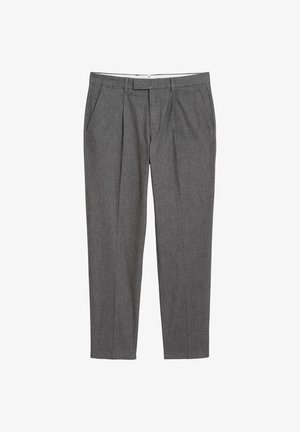 Gray pleated trousers made of textured fabric, featuring front pockets and a zip fly, with a slim, tailored fit.