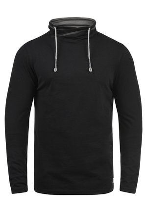 Melnas garās piedurknēs džemperis ar augstu apkakli, auklu aizdari un kontrastējošu iekšējo audumu. Gluda auduma tekstūra, minimālistisks dizains.