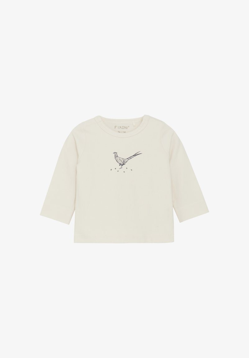 Langärmliges cremefarbenes Baumwollhemd mit einer blauen Vogelillustration auf der Vorderseite. Einfacher runder Halsausschnitt, weiche Textur und keine sichtbaren Verschlüsse.