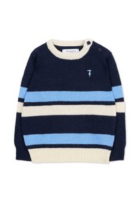 Granatowy sweter z jasnoniebieskimi i kremowymi paskami, dzianinowa struktura, okrągły dekolt, detal dwustopniowego zapięcia na ramieniu oraz mały akcent logo.