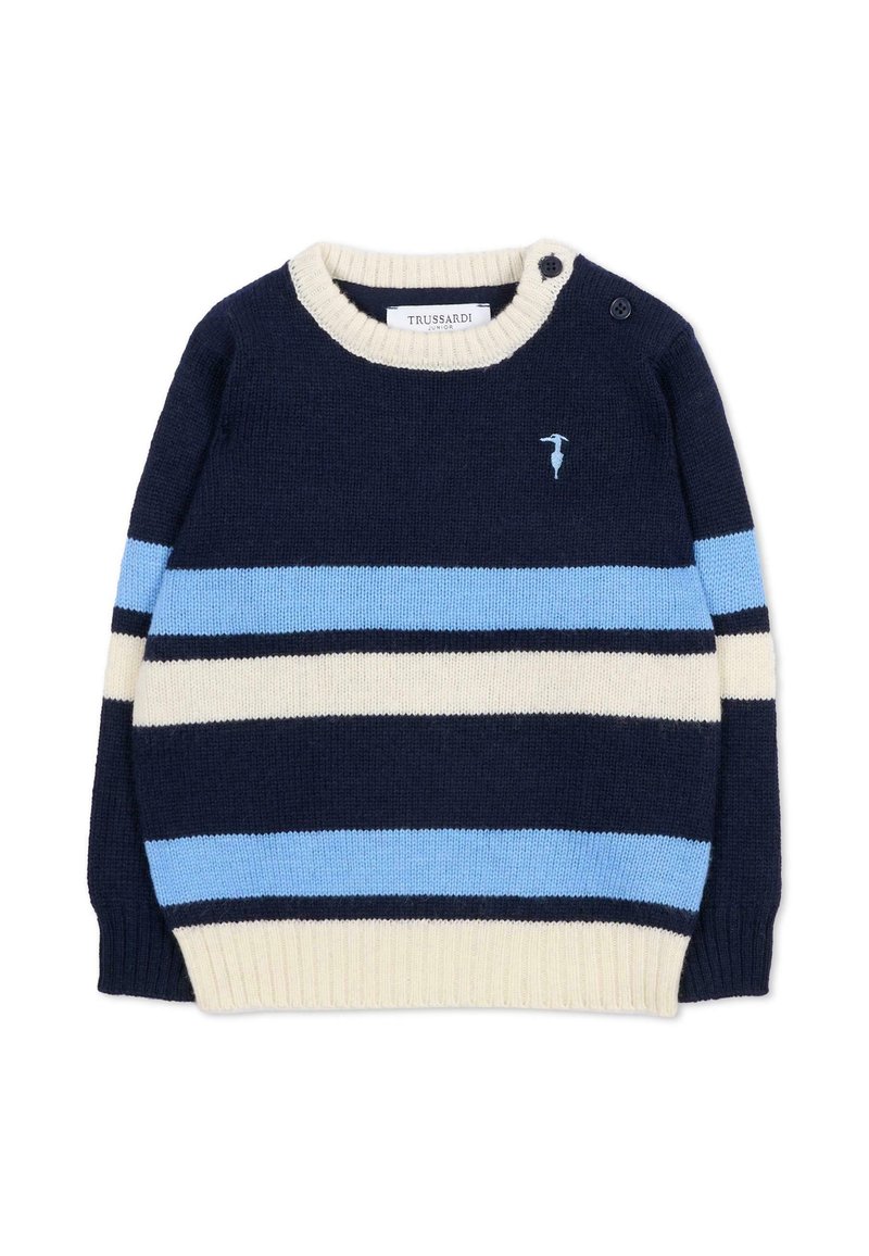 Granatowy sweter z jasnoniebieskimi i kremowymi paskami, dzianinowa struktura, okrągły dekolt, detal dwustopniowego zapięcia na ramieniu oraz mały akcent logo.