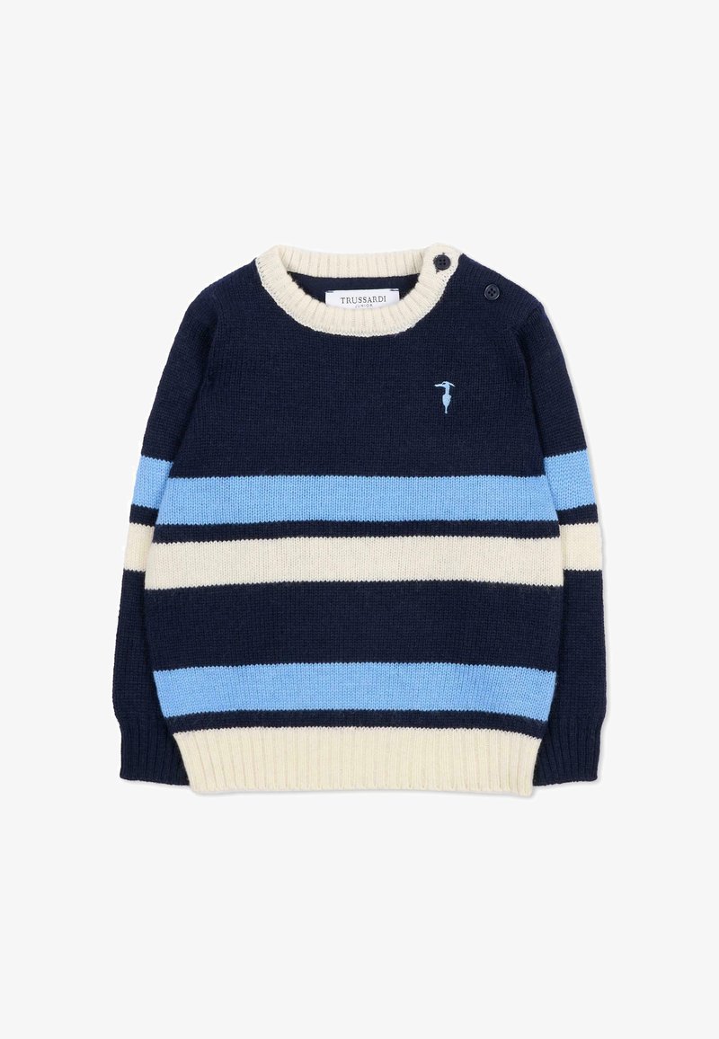 Granatowy sweter z jasnoniebieskimi i kremowymi paskami, dzianinowa struktura, okrągły dekolt, detal dwustopniowego zapięcia na ramieniu oraz mały akcent logo.