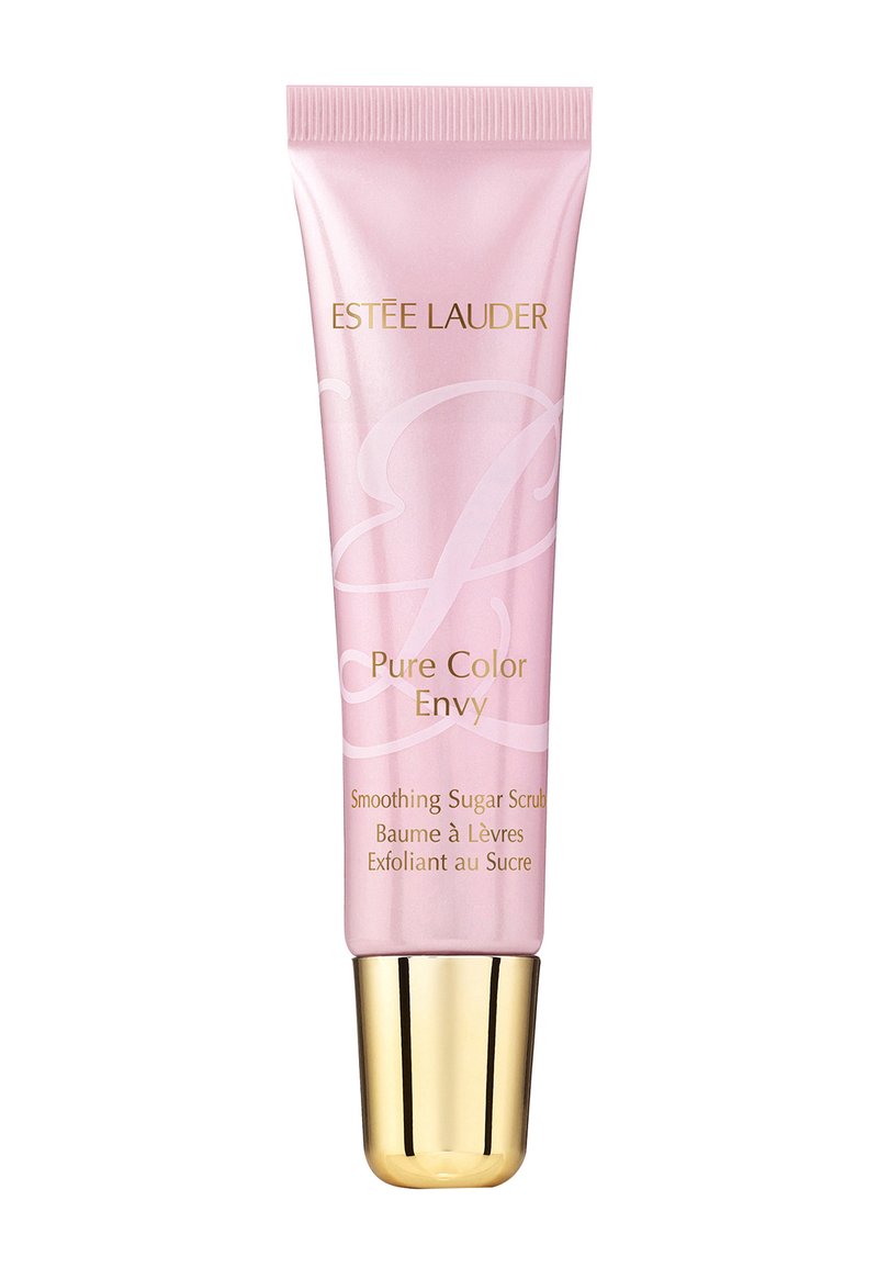 Tubetto rosa con cappuccio dorato, che mostra "Estee Lauder" e il nome del prodotto "Pure Color Envy". Design testurizzato, utilizzato per l'esfoliazione delle labbra.