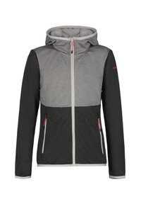 Giacca con cappuccio, parte superiore grigia e parte inferiore nera. Presenta una chiusura con zip, tasche laterali con dettagli rossi e tessuto testurizzato.