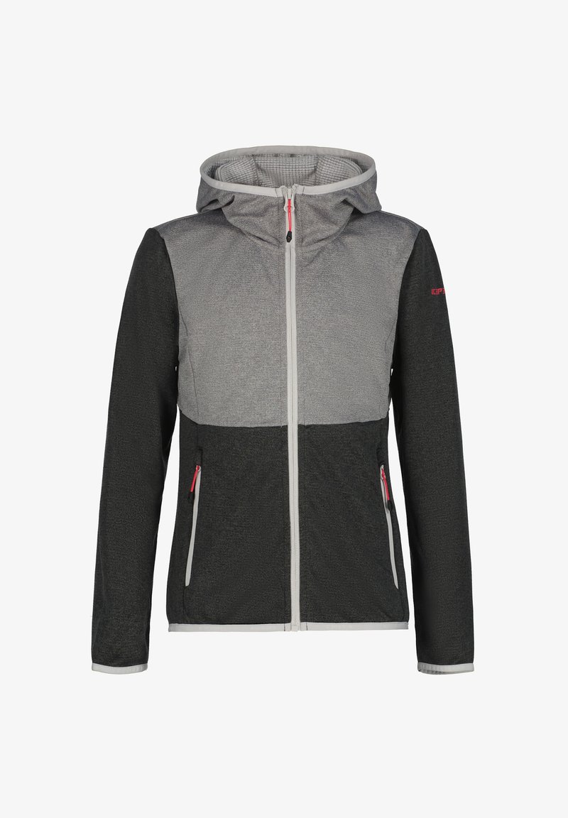 Giacca con cappuccio, parte superiore grigia e parte inferiore nera. Presenta una chiusura con zip, tasche laterali con dettagli rossi e tessuto testurizzato.