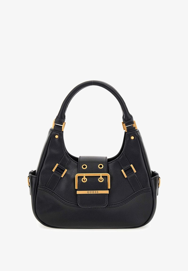 Juodas odinis rankinė su apvalia forma, auksinės spalvos detalės ir priekinis užsegimas. Yra dvi rankenos ir glotni tekstūra.