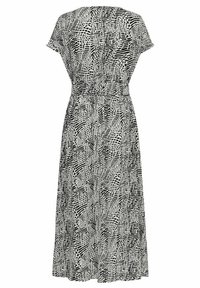 Robe midi à manches courtes avec un motif abstrait noir et blanc, taille cintrée et jupe légèrement évasée, vue de dos.