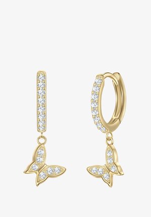 Boucles d'oreilles en or en forme d'anneau avec un design vertical, ornées de pierres transparentes. Elles présentent un charme en forme de papillon suspendu à la base.