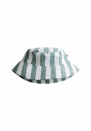 Groen-wit gestreepte stoffen emmerhoed met een brede, gestikte rand.