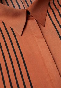 Camicia color ruggine con righe verticali nere e colletto a punta, vista ravvicinata della parte superiore frontale e della fila di bottoni.