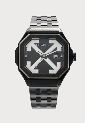 Reloj de pulsera de acero inoxidable negro con esfera cuadrada, logo Off-White, diseño de flecha blanca, ventana de fecha y pulsera de eslabones de metal.