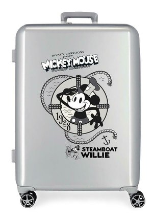 Maleta plateada con caricatura vintage en blanco y negro de Mickey Mouse, con un salvavidas, cuerda, ancla y texto "Steamboat Willie 1928".