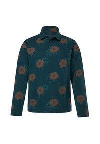 Mörk teal långärmad pikétröja med krage, med ett brunt blommönster och bladmotiv över hela.