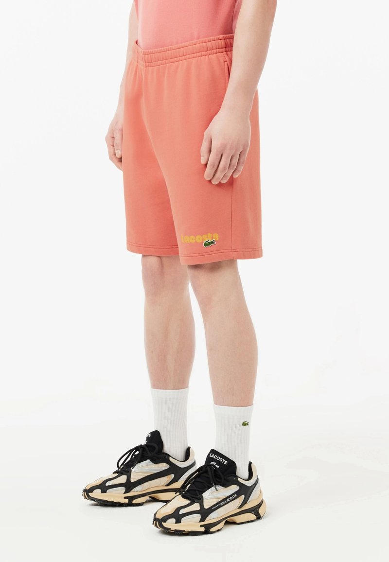 Pantalones cortos de melocotón con cintura elástica y logo amarillo de 'Lacoste'. Combinados con zapatillas negras y beige y calcetines blancos hasta el tobillo.