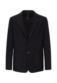Blazer nero da uomo con rever a notched, due tasche a toppa anteriori, una tasca sul petto e due bottoni frontali.