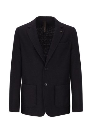 Blazer nero da uomo con rever a notched, due tasche a toppa anteriori, una tasca sul petto e due bottoni frontali.